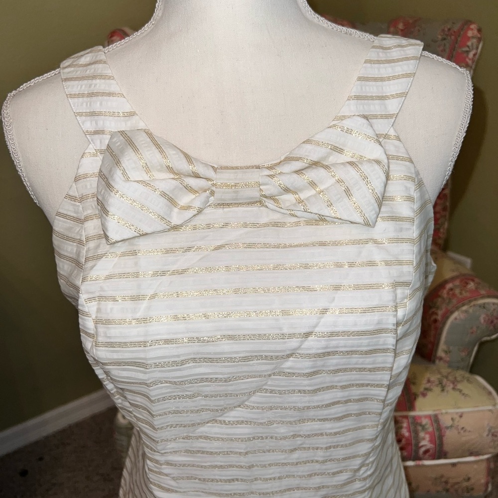 NWT Lilly Pulitzer Women's Sz 6 Gold Metallic Striped Henley Dress BowSleeveless